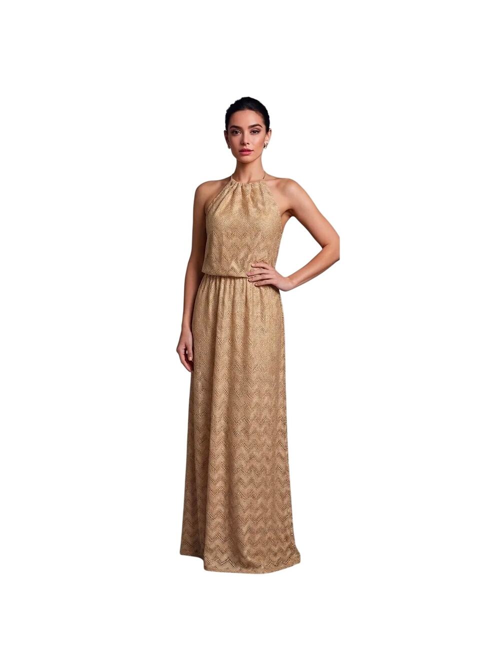 Bisou Bisou Gold Metallic Halter Maxi Gown Lace Overlay Chevron Pattern Size 2